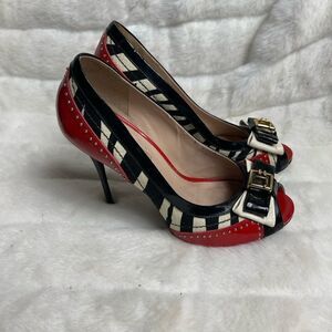 Jorge Bishoff Red patent leather,black white stripes textile peep toe he…